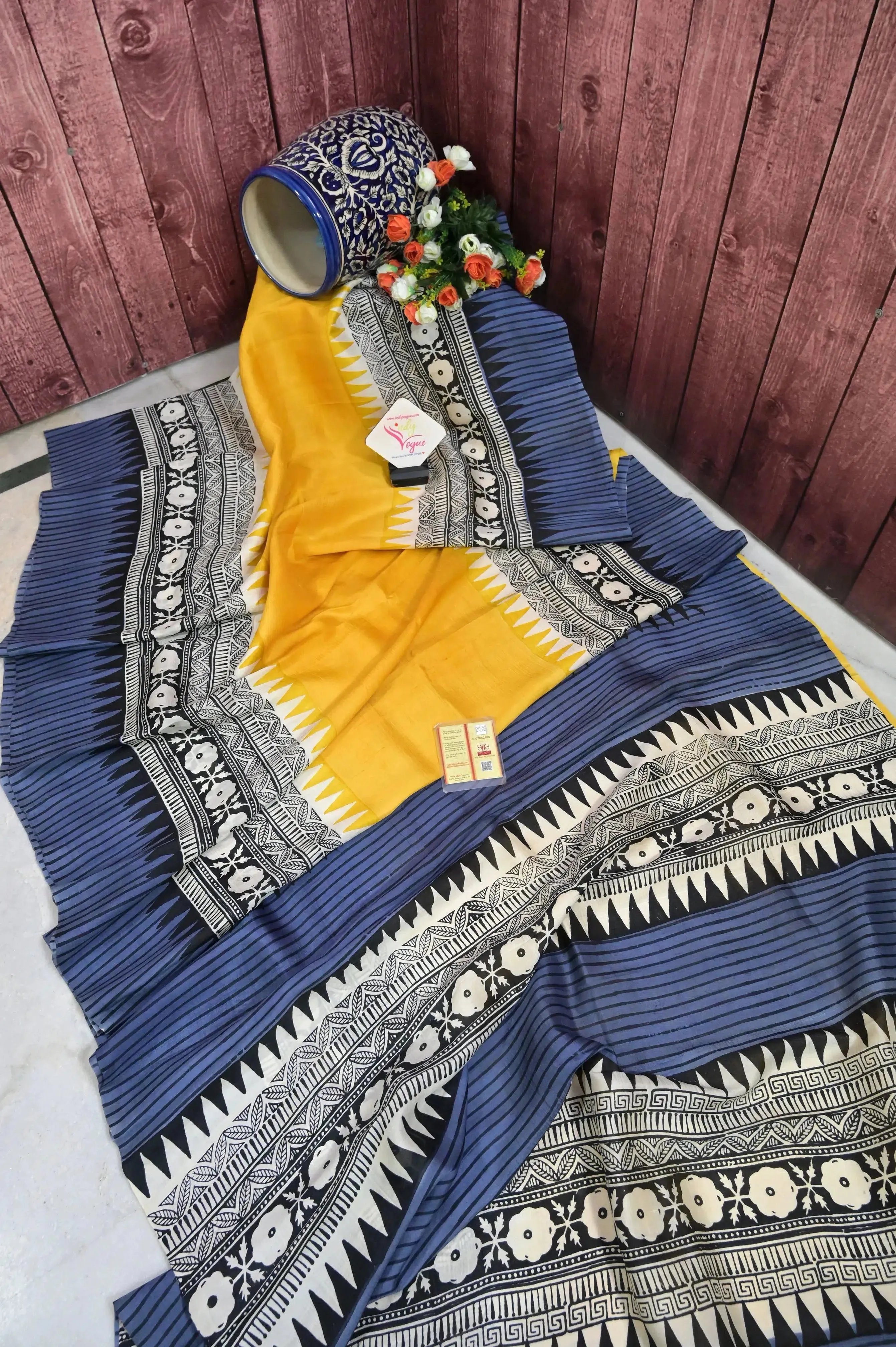 Yellow Color Bishnupur Silk with Hand Block and Skirt Border