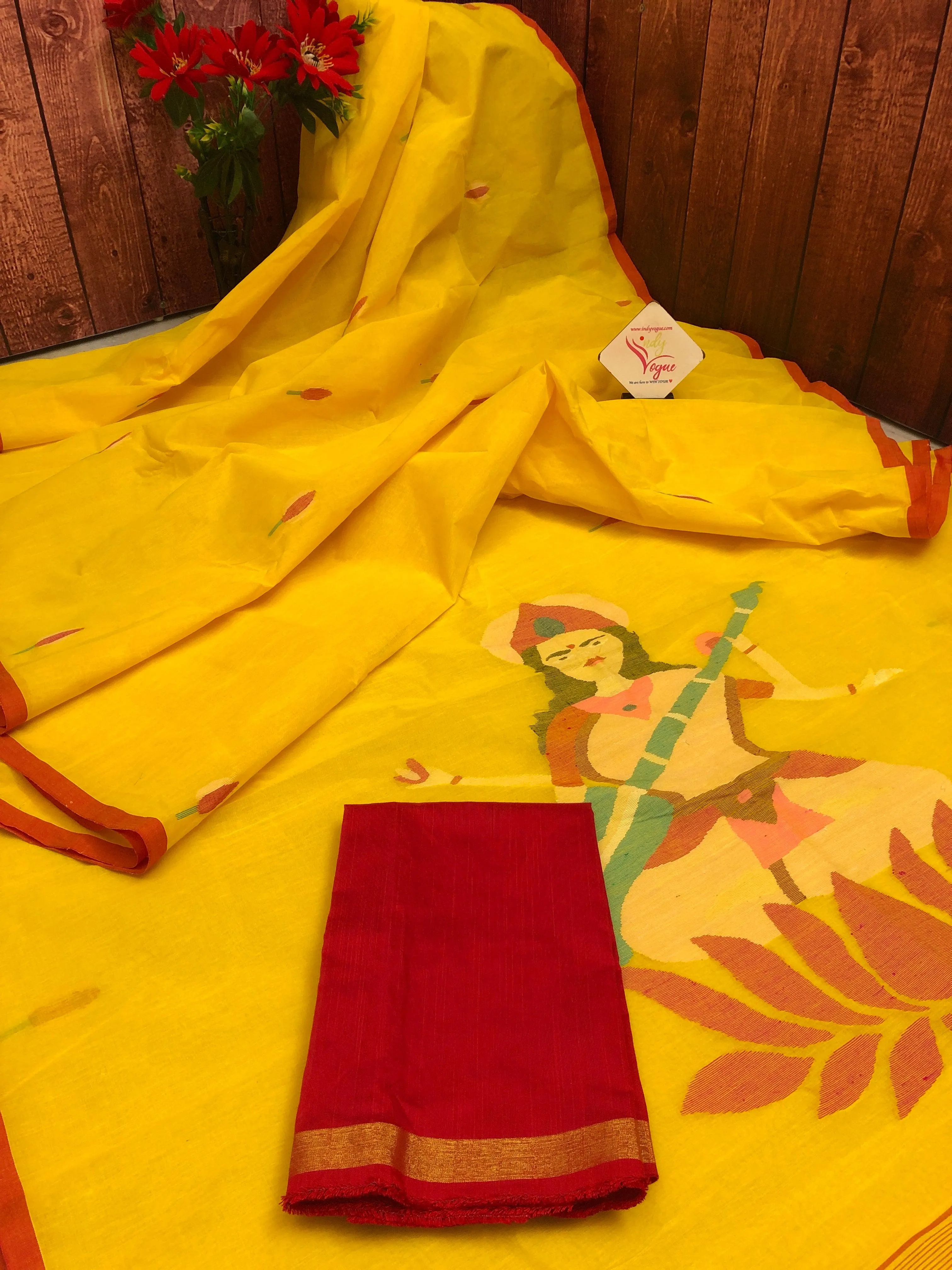 Yellow Color Cotton Handloom Jamdani Saree